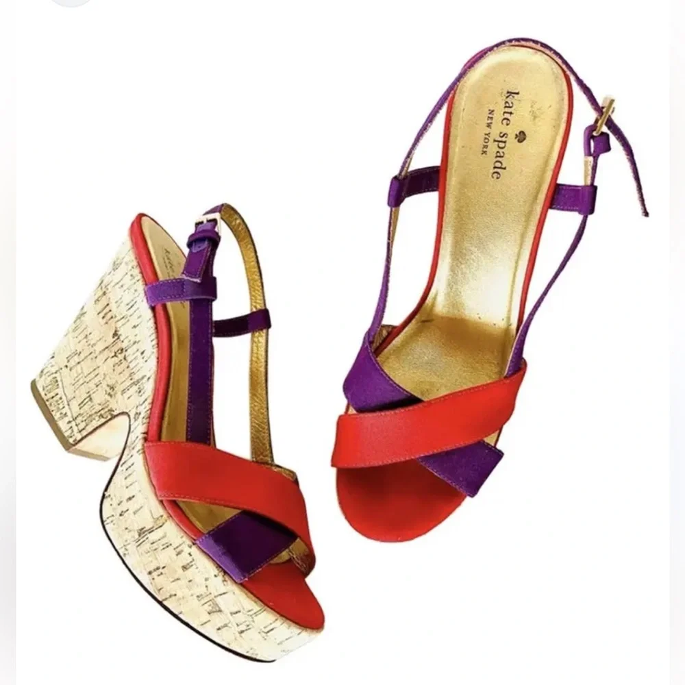 KATE SPADE Purple Red Colorblock Penny Cork Wedge Sandals